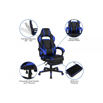 BLNK X40 Gaming Racing Ergonomic Computer Chair with Fully Reclining Back/Arms, Slide-Out Footrest, Massaging Lumbar - Black/Blue