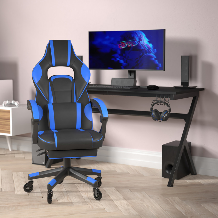 BLNK X40 Gaming Racing Computer Chair with Fully Reclining Back/Arms and Transparent Roller Wheels, Slide-Out Footrest - Black/Blue