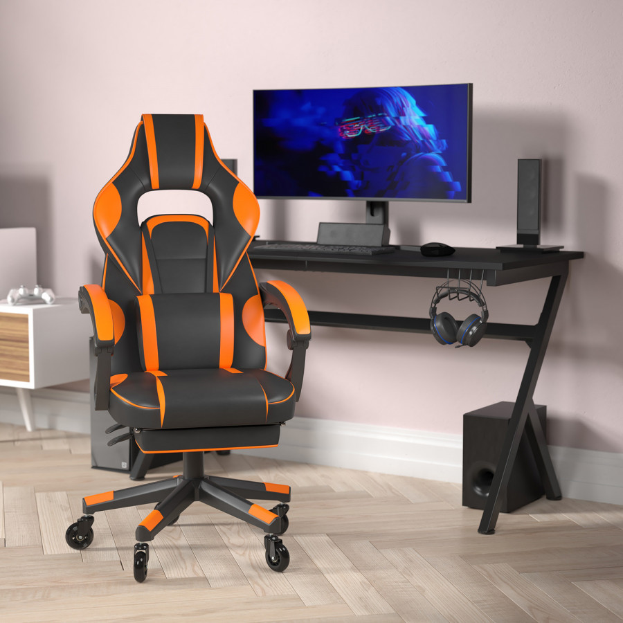 BLNK X40 Gaming Racing Computer Chair with Fully Reclining Back/Arms and Transparent Roller Wheels, Slide-Out Footrest - Black/Orange