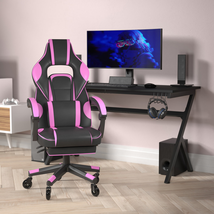 BLNK X40 Gaming Racing Computer Chair with Fully Reclining Back/Arms and Transparent Roller Wheels, Slide-Out Footrest - Black/Purple