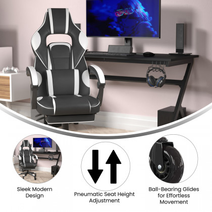 BLNK X40 Gaming Racing Computer Chair with Fully Reclining Back/Arms and Transparent Roller Wheels, Slide-Out Footrest - White