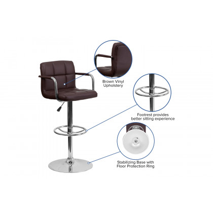 BLNK Genna Quilted Vinyl Adjustable Height Bar Stool with Arms and Chrome Base - Brown