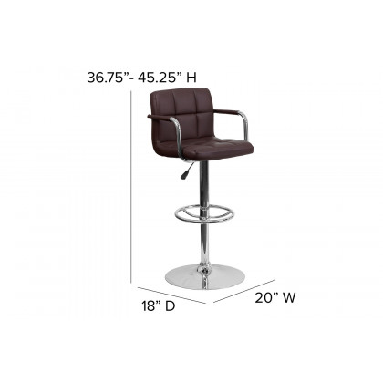 BLNK Genna Quilted Vinyl Adjustable Height Bar Stool with Arms and Chrome Base - Brown