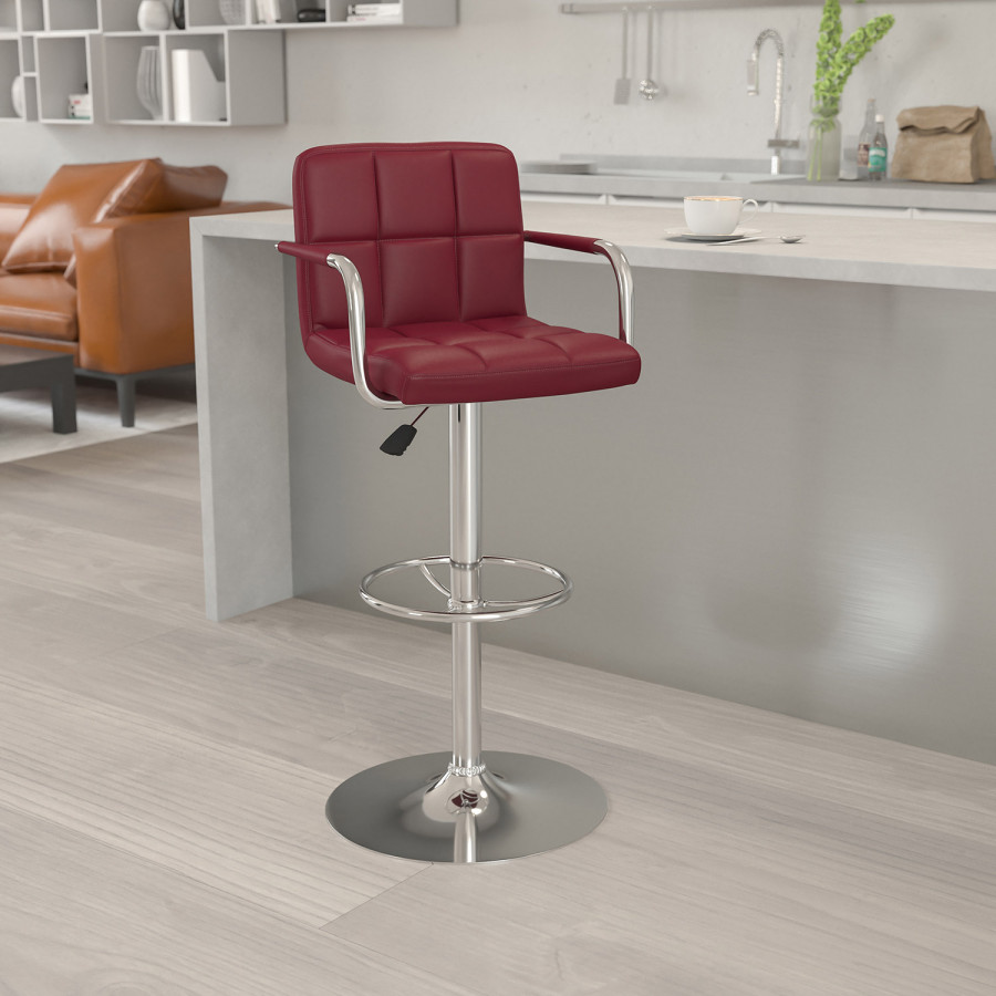 BLNK Genna Quilted Vinyl Adjustable Height Bar Stool with Arms and Chrome Base - Burgundy
