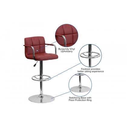 BLNK Genna Quilted Vinyl Adjustable Height Bar Stool with Arms and Chrome Base - Burgundy