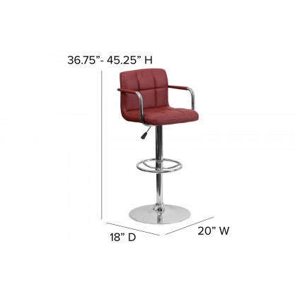 BLNK Genna Quilted Vinyl Adjustable Height Bar Stool with Arms and Chrome Base - Burgundy