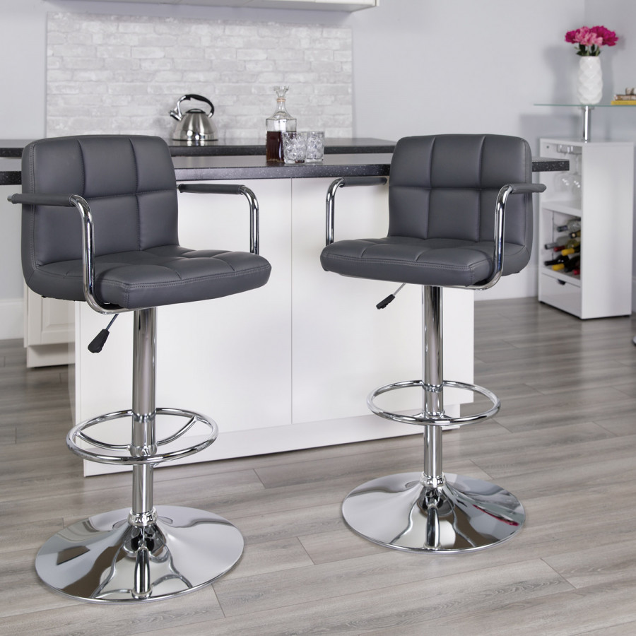 BLNK Genna Quilted Vinyl Adjustable Height Bar Stool with Arms and Chrome Base - Gray