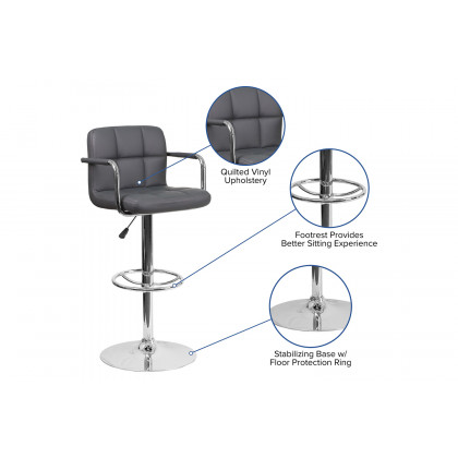 BLNK Genna Quilted Vinyl Adjustable Height Bar Stool with Arms and Chrome Base - Gray