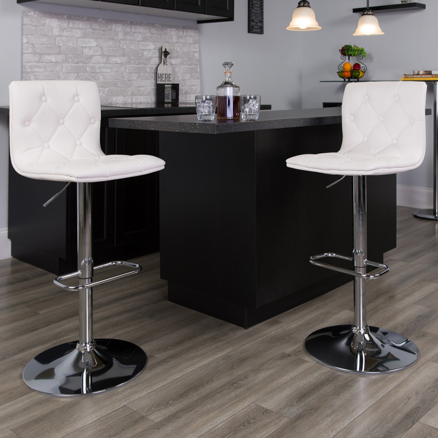 BLNK Sammie Vinyl Button Tufted Adjustable Height Bar Stool with Chrome Base - White
