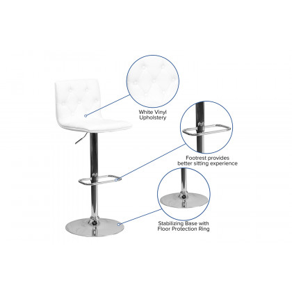 BLNK Sammie Vinyl Button Tufted Adjustable Height Bar Stool with Chrome Base - White