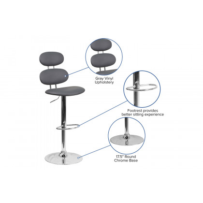 BLNK Dexter Gray Vinyl Adjustable Height Bar Stool with Ellipse Back and Chrome Base