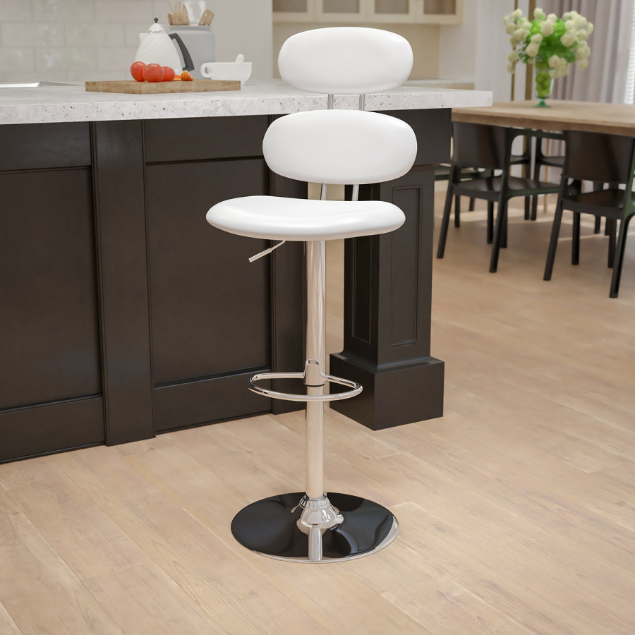 BLNK Dexter White Vinyl Adjustable Height Bar Stool with Ellipse Back and Chrome Base