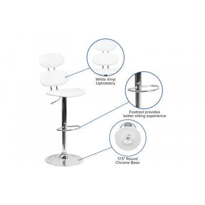 BLNK Dexter White Vinyl Adjustable Height Bar Stool with Ellipse Back and Chrome Base