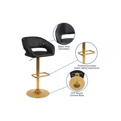 BLNK Erik Vinyl Adjustable Height Bar Stool with Rounded Mid-Back and Gold Base - Black