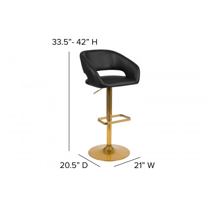 BLNK Erik Vinyl Adjustable Height Bar Stool with Rounded Mid-Back and Gold Base - Black