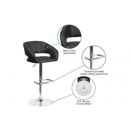 BLNK Erik Vinyl Adjustable Height Bar Stool with Rounded Mid-Back and Chrome Base - Black