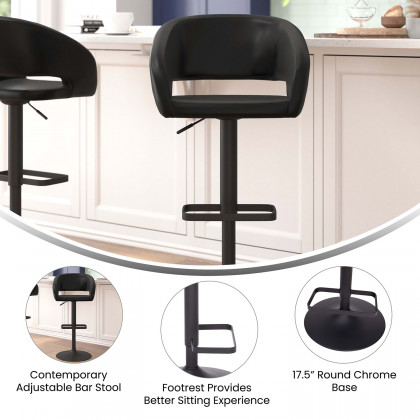 BLNK Erik Vinyl Adjustable Height Bar Stool with Rounded Mid-Back and Black Base - Black