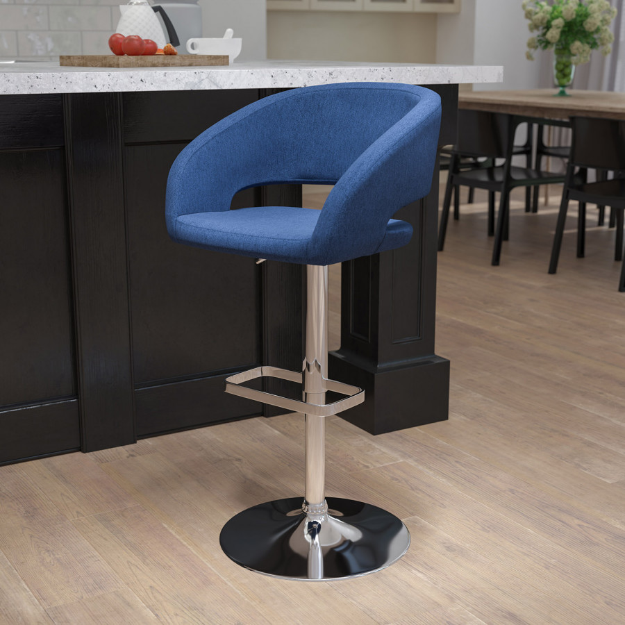 BLNK Erik Vinyl Adjustable Height Bar Stool with Rounded Mid-Back and Chrome Base - Blue