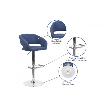 BLNK Erik Vinyl Adjustable Height Bar Stool with Rounded Mid-Back and Chrome Base - Blue