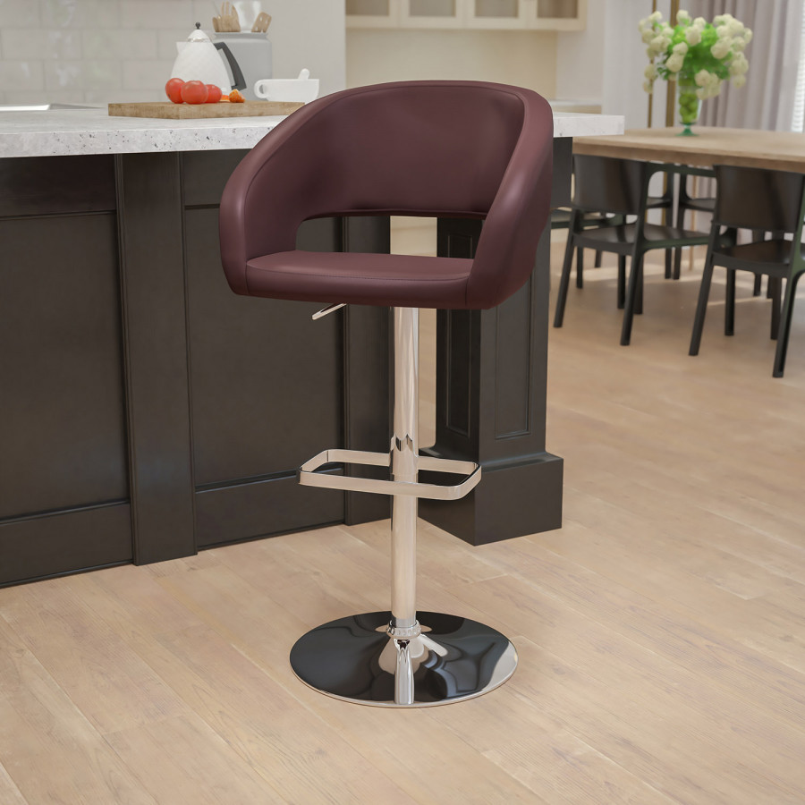 BLNK Erik Vinyl Adjustable Height Bar Stool with Rounded Mid-Back and Chrome Base - Brown