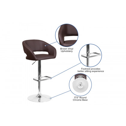 BLNK Erik Vinyl Adjustable Height Bar Stool with Rounded Mid-Back and Chrome Base - Brown