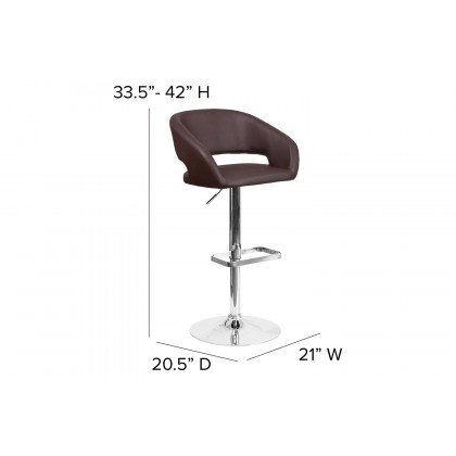 BLNK Erik Vinyl Adjustable Height Bar Stool with Rounded Mid-Back and Chrome Base - Brown