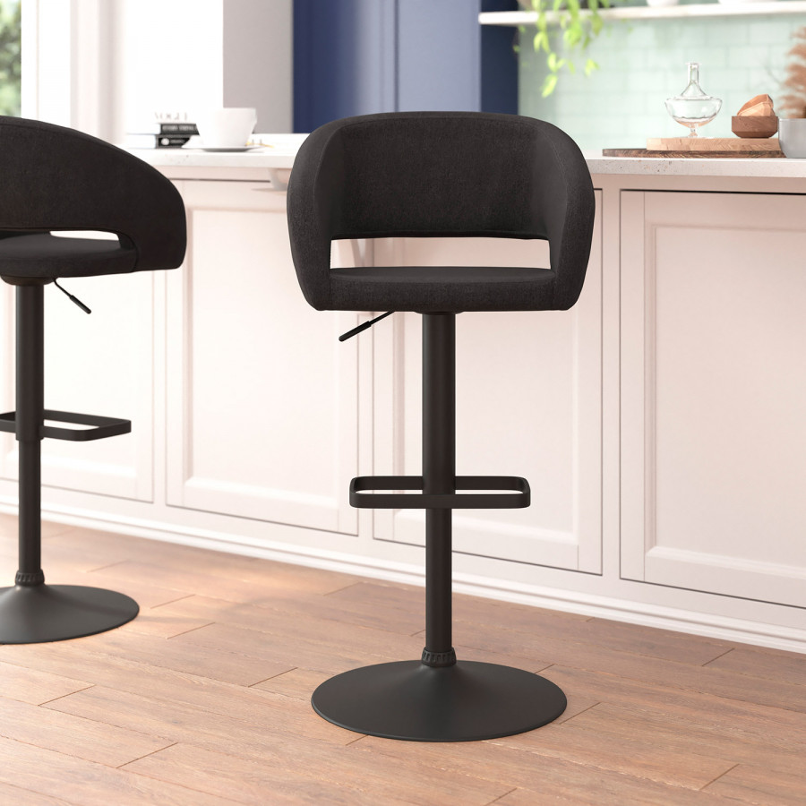 BLNK Erik Fabric Adjustable Height Bar Stool with Rounded Mid-Back and Black Base - Charcoal
