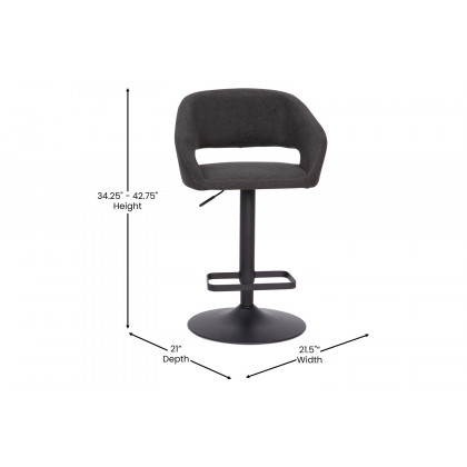 BLNK Erik Fabric Adjustable Height Bar Stool with Rounded Mid-Back and Black Base - Charcoal