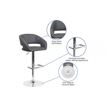 BLNK Erik Vinyl Adjustable Height Bar Stool with Rounded Mid-Back and Chrome Base - Gray