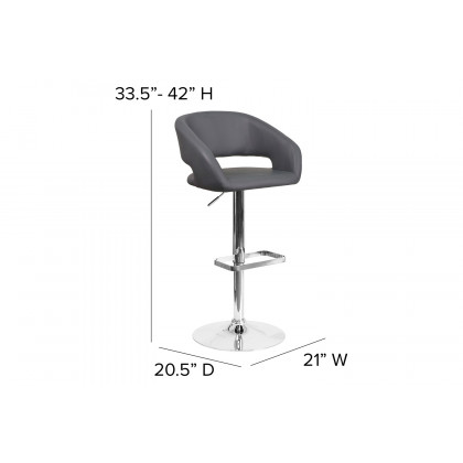 BLNK Erik Vinyl Adjustable Height Bar Stool with Rounded Mid-Back and Chrome Base - Gray