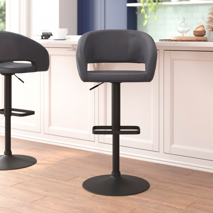 BLNK Erik Vinyl Adjustable Height Bar Stool with Rounded Mid-Back and Black Base - Gray