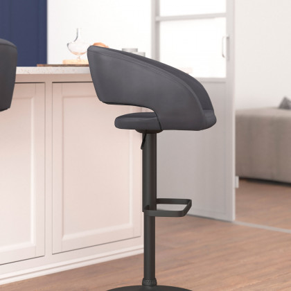 BLNK Erik Vinyl Adjustable Height Bar Stool with Rounded Mid-Back and Black Base - Gray