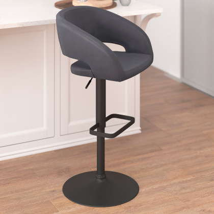 BLNK Erik Vinyl Adjustable Height Bar Stool with Rounded Mid-Back and Black Base - Gray