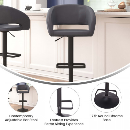 BLNK Erik Vinyl Adjustable Height Bar Stool with Rounded Mid-Back and Black Base - Gray
