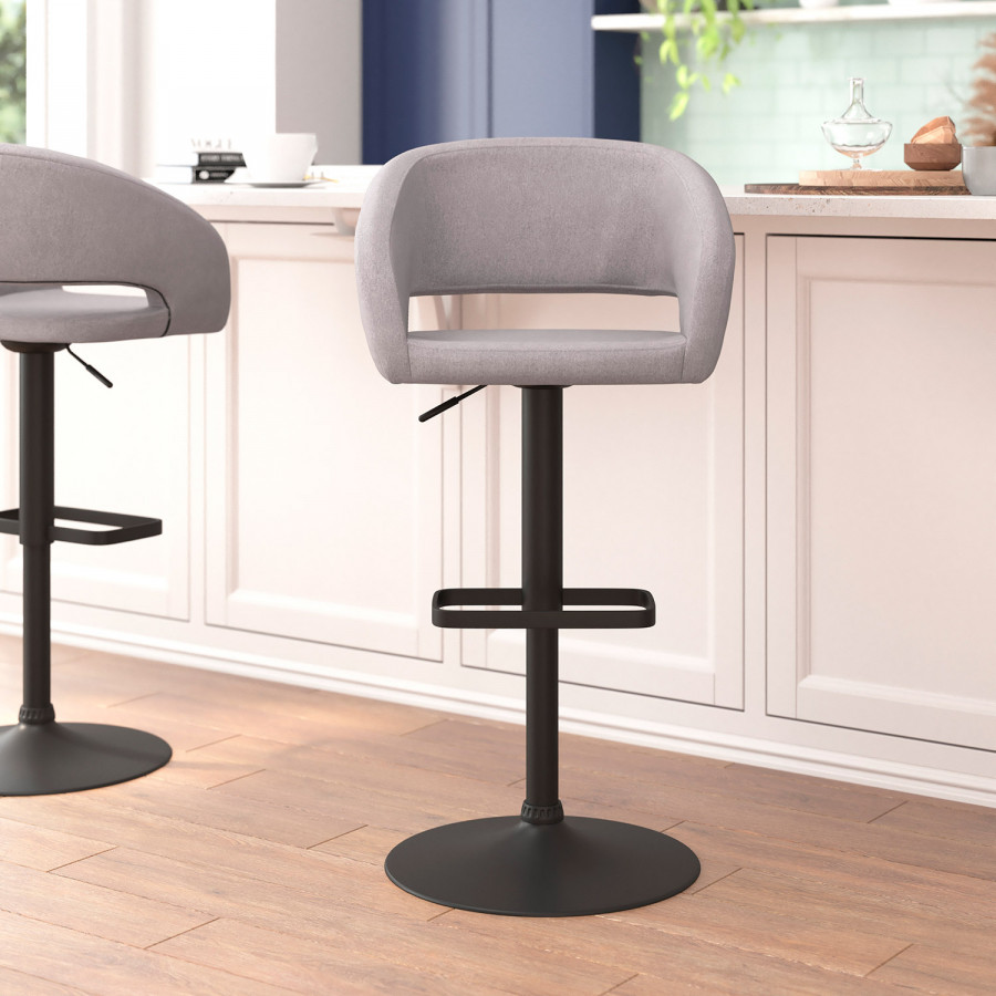BLNK - Erik Fabric Adjustable Height Bar Stool with Rounded Mid-Back and Black Base