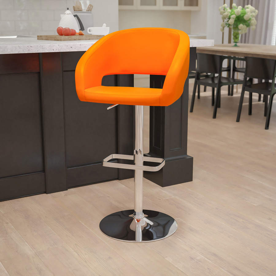 BLNK Erik Vinyl Adjustable Height Bar Stool with Rounded Mid-Back and Chrome Base - Orange