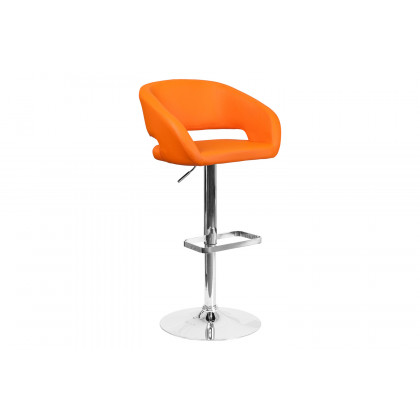 BLNK Erik Vinyl Adjustable Height Bar Stool with Rounded Mid-Back and Chrome Base - Orange