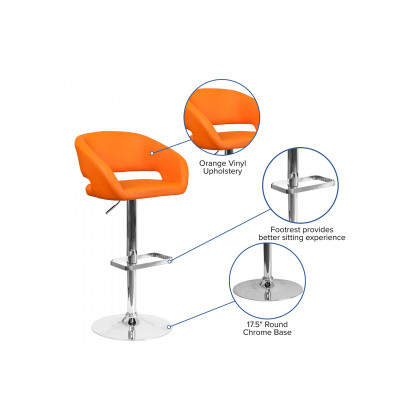 BLNK Erik Vinyl Adjustable Height Bar Stool with Rounded Mid-Back and Chrome Base - Orange