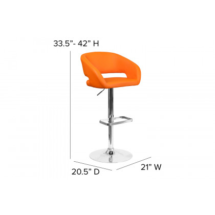 BLNK Erik Vinyl Adjustable Height Bar Stool with Rounded Mid-Back and Chrome Base - Orange