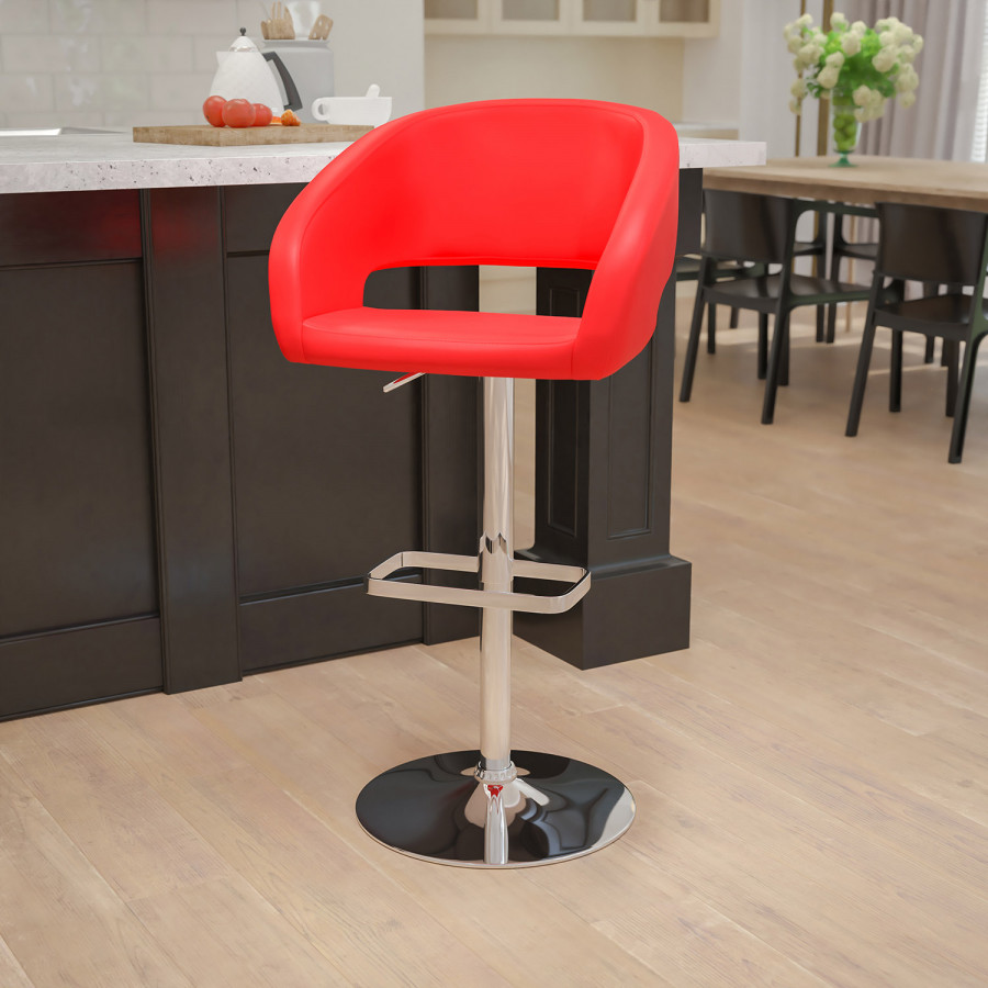 BLNK Erik Vinyl Adjustable Height Bar Stool with Rounded Mid-Back and Chrome Base - Red