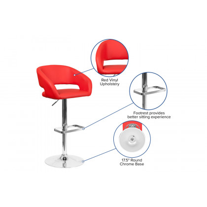 BLNK Erik Vinyl Adjustable Height Bar Stool with Rounded Mid-Back and Chrome Base - Red