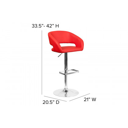 BLNK Erik Vinyl Adjustable Height Bar Stool with Rounded Mid-Back and Chrome Base - Red