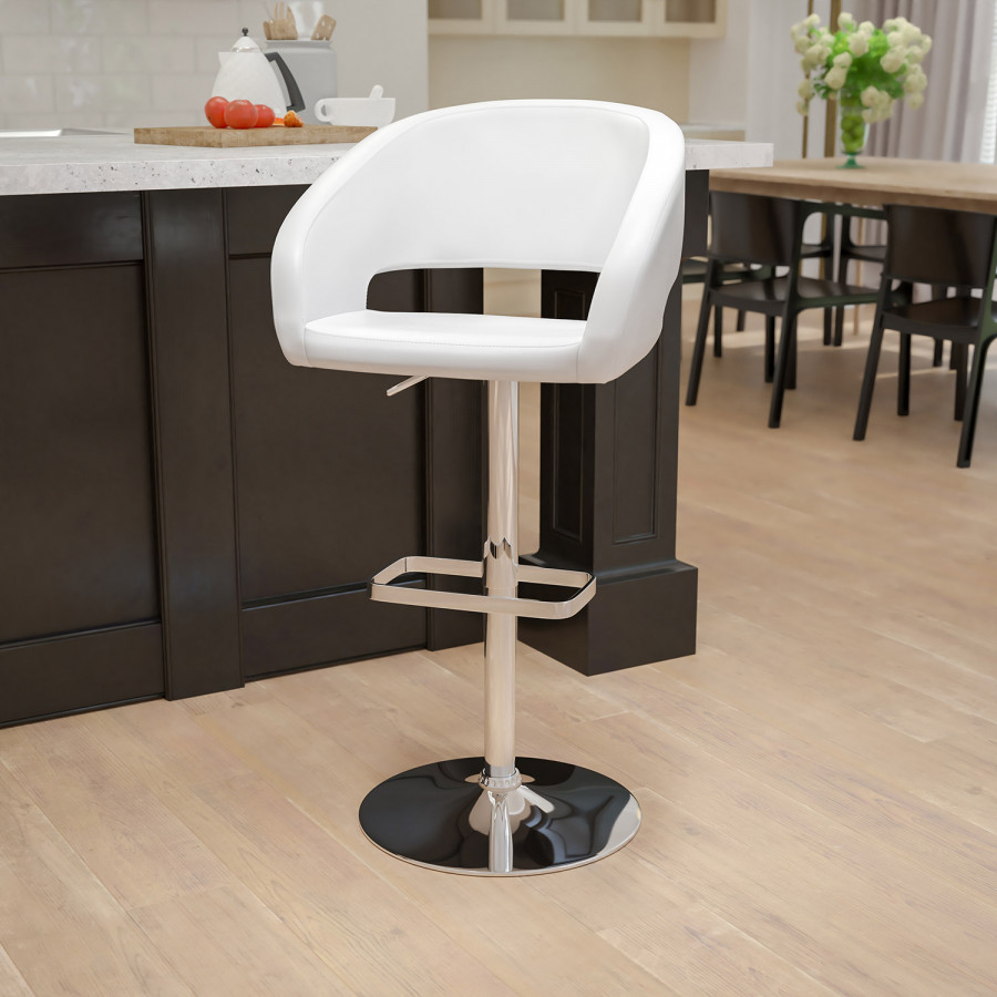 BLNK Erik Vinyl Adjustable Height Bar Stool with Rounded Mid-Back and Chrome Base - White