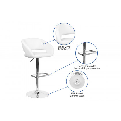BLNK Erik Vinyl Adjustable Height Bar Stool with Rounded Mid-Back and Chrome Base - White