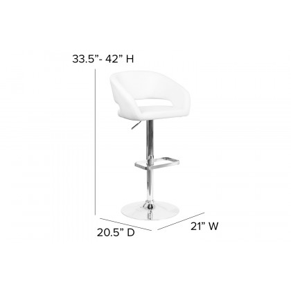 BLNK Erik Vinyl Adjustable Height Bar Stool with Rounded Mid-Back and Chrome Base - White