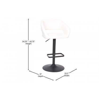 BLNK Erik Vinyl Adjustable Height Bar Stool with Rounded Mid-Back and Black Base - White