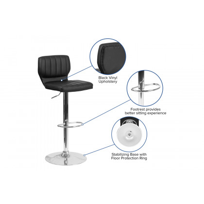 BLNK Jeremy Vinyl Adjustable Height Bar Stool with Vertical Stitch Back and Chrome Base - Black