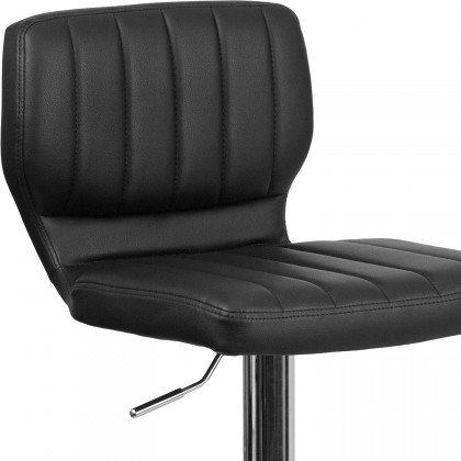 BLNK Jeremy Vinyl Adjustable Height Bar Stool with Vertical Stitch Back and Chrome Base - Black