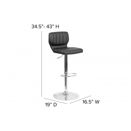 BLNK Jeremy Vinyl Adjustable Height Bar Stool with Vertical Stitch Back and Chrome Base - Black