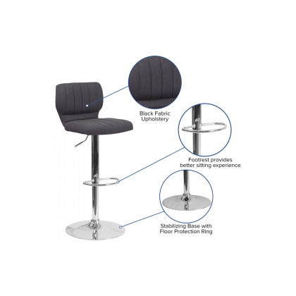 BLNK Jeremy Fabric Adjustable Height Bar Stool with Vertical Stitch Back and Chrome Base - Charcoal